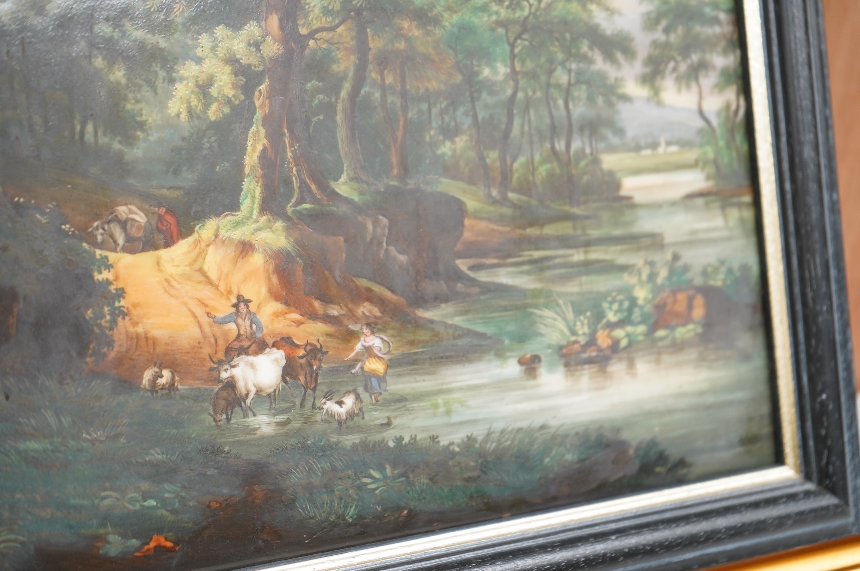 A Continental painted plaque with riverscape and a Royal Crown Derby floral panel, framed, largest overall 24cm high